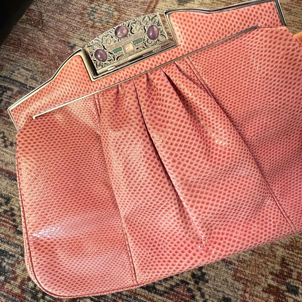RARE Vintage Judith Leiber Pink Lizard Jeweled Frame Clutch/couture evening bag